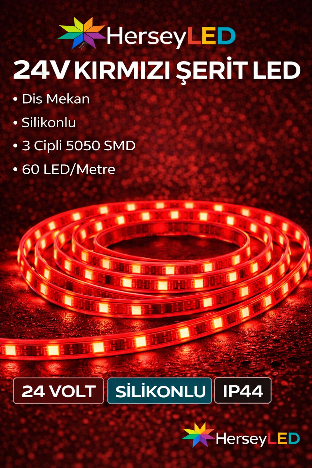 24V Kırmızı Şerit LED – Dış Mekan, 3 Çipli 5050 SMD, Silikonlu, IP65, 60 LED/Metre