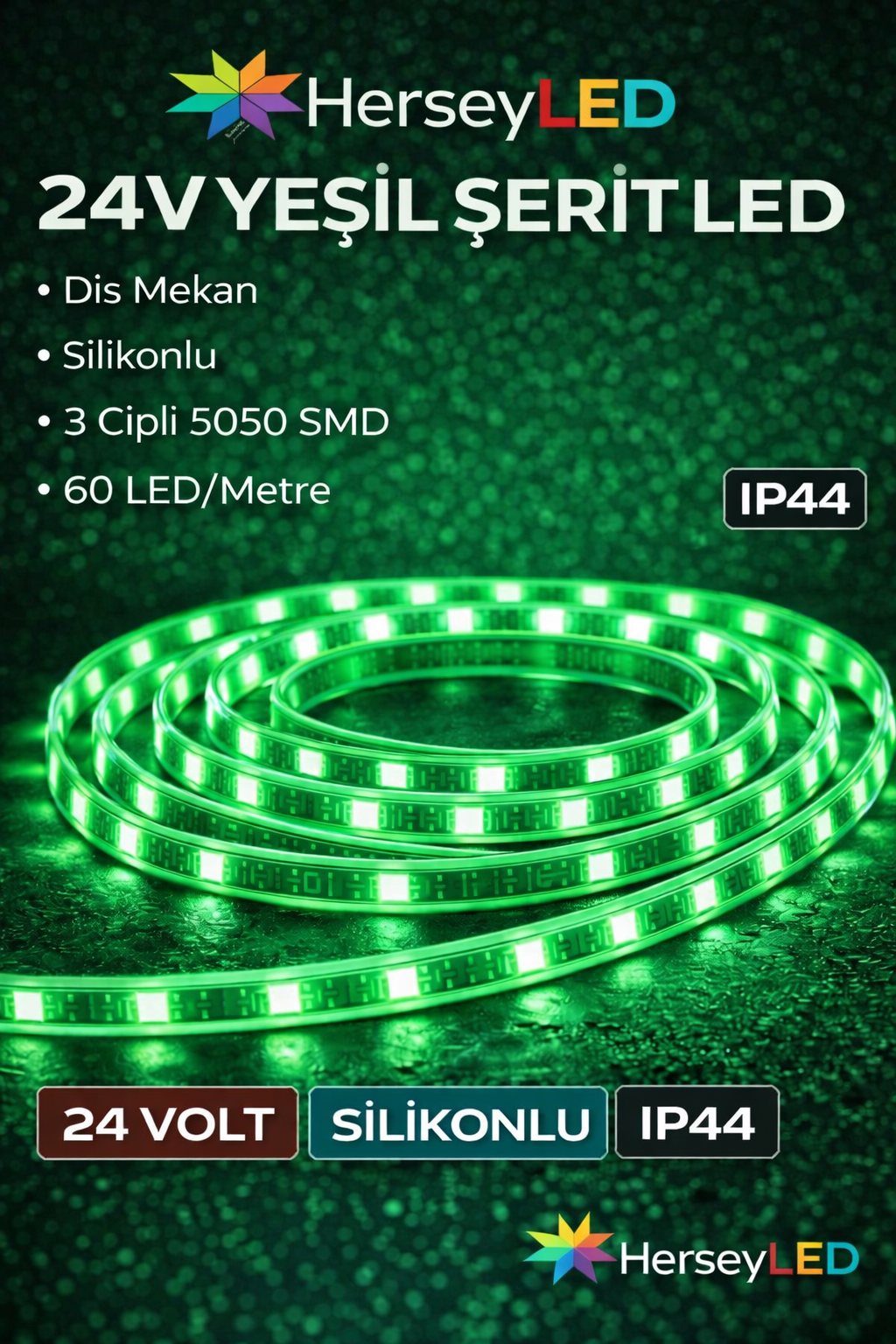24V Yeşil Şerit LED – Dış Mekan, 3 Çipli 5050 SMD, Silikonlu, IP65, 60 LED/Metre
