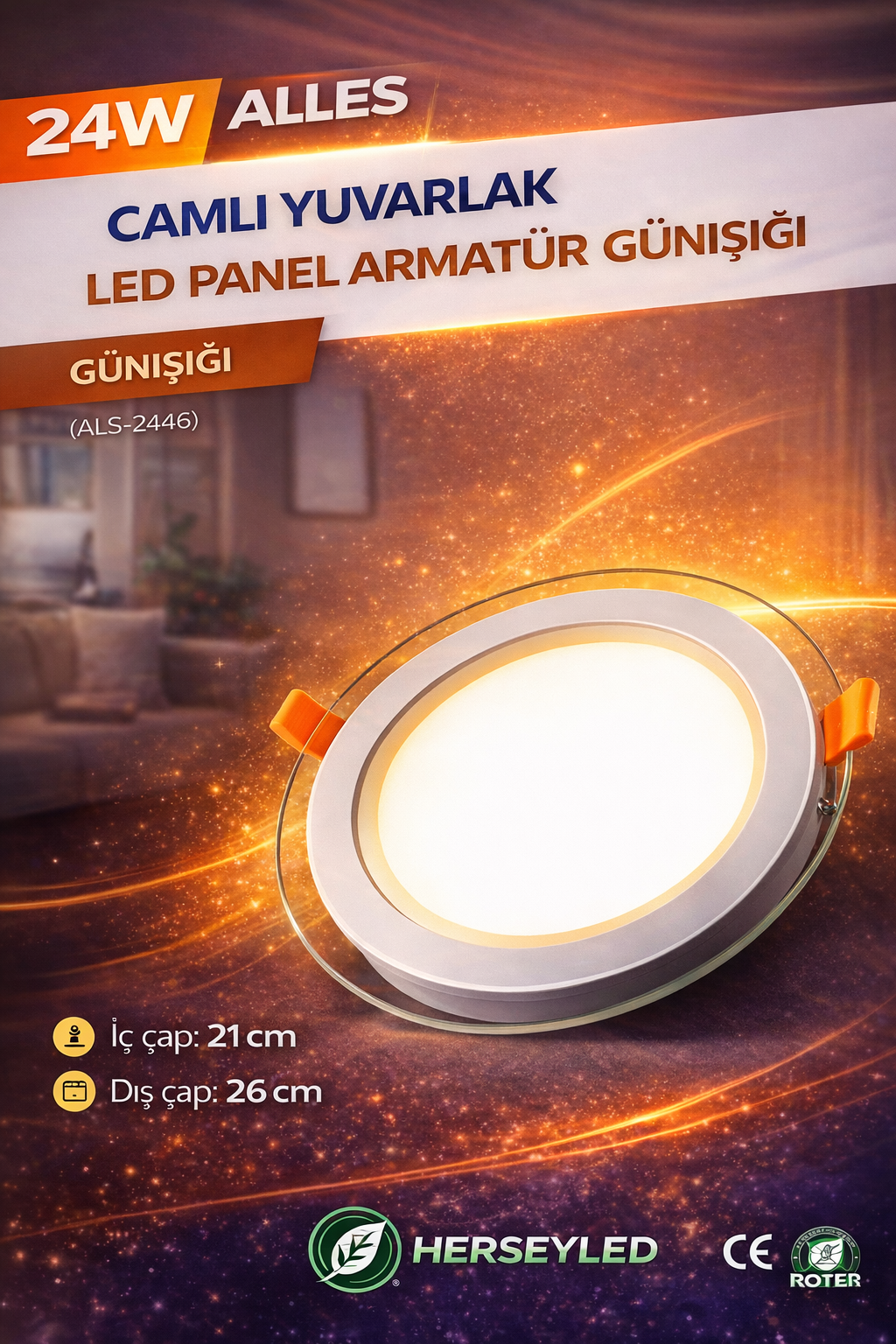 24W CAMLI YUVARLAK LED PANEL ARMATÜR GÜNIŞIĞI