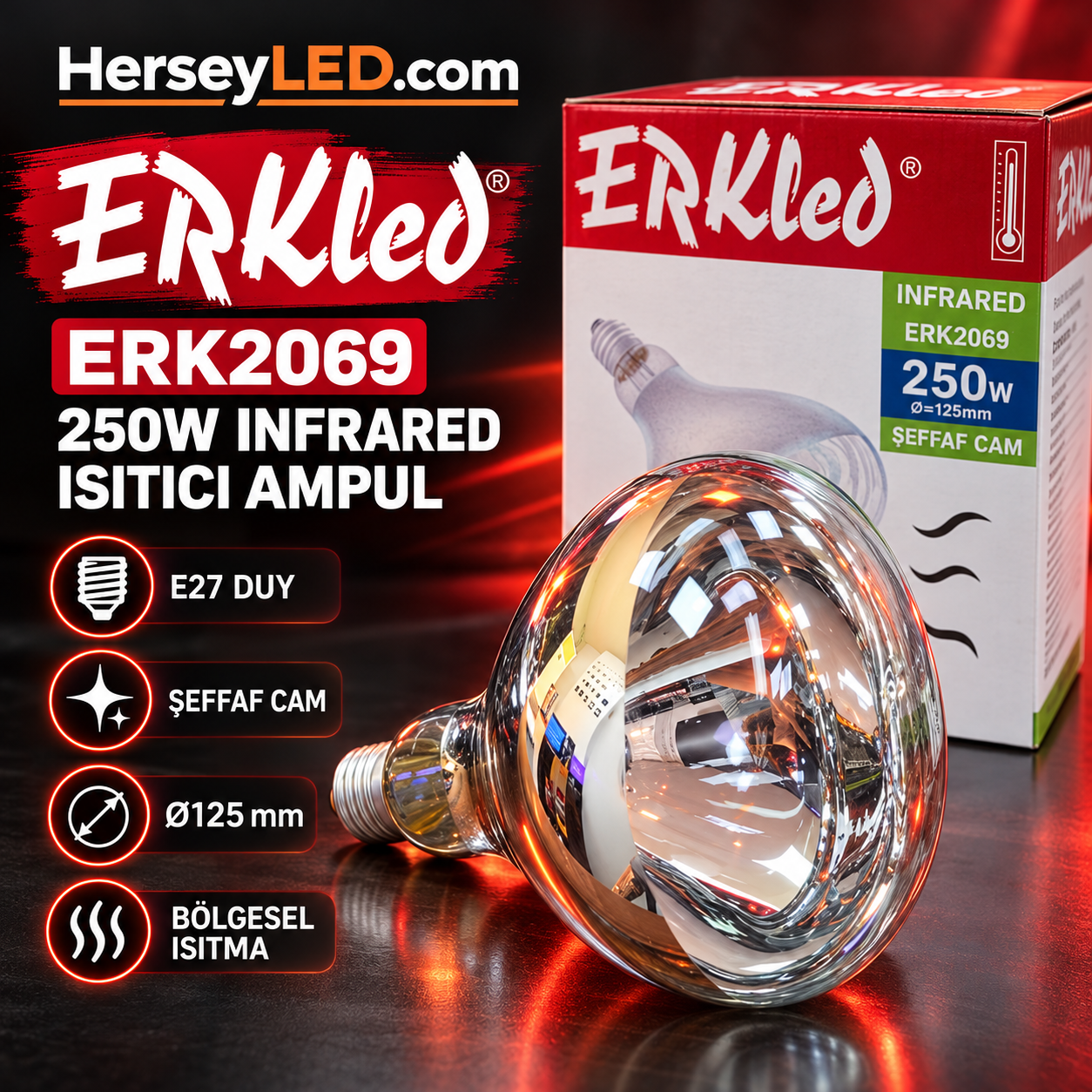 250W E27 Infrared Isıtıcı Ampul – Şeffaf Cam – Ø125 mm ERK2069