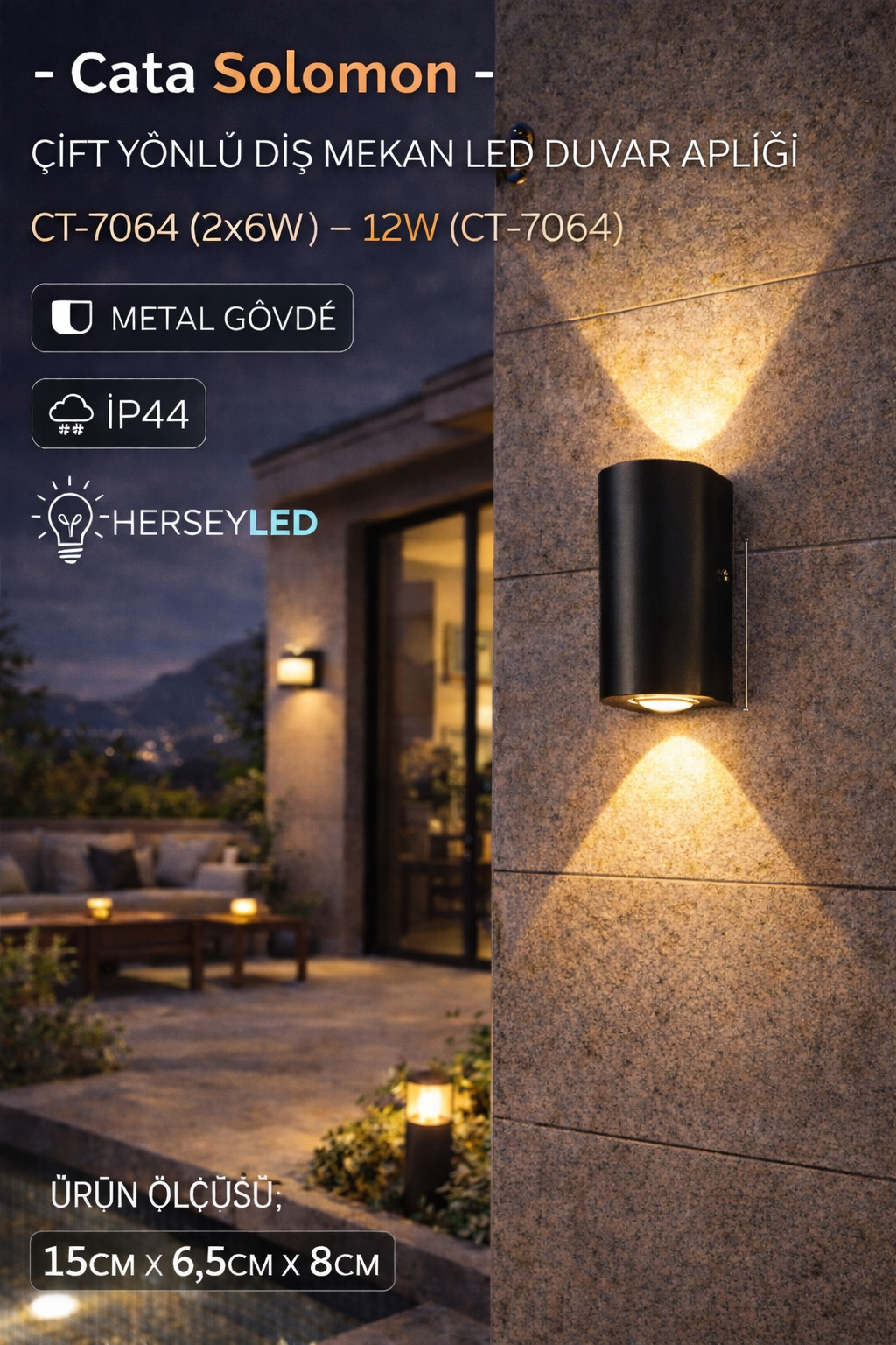 2x6W Siyah Solomon Dış Mekan Led Duvar Apliği Günışığı Cata CT-7064