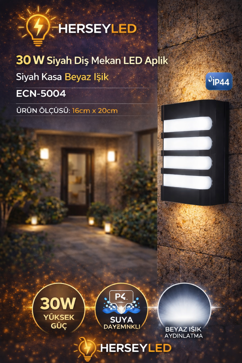 30 W Siyah Dış Mekan LED Aplik Kare Siyah Kasa Kafesli Günışığı ECN-5004