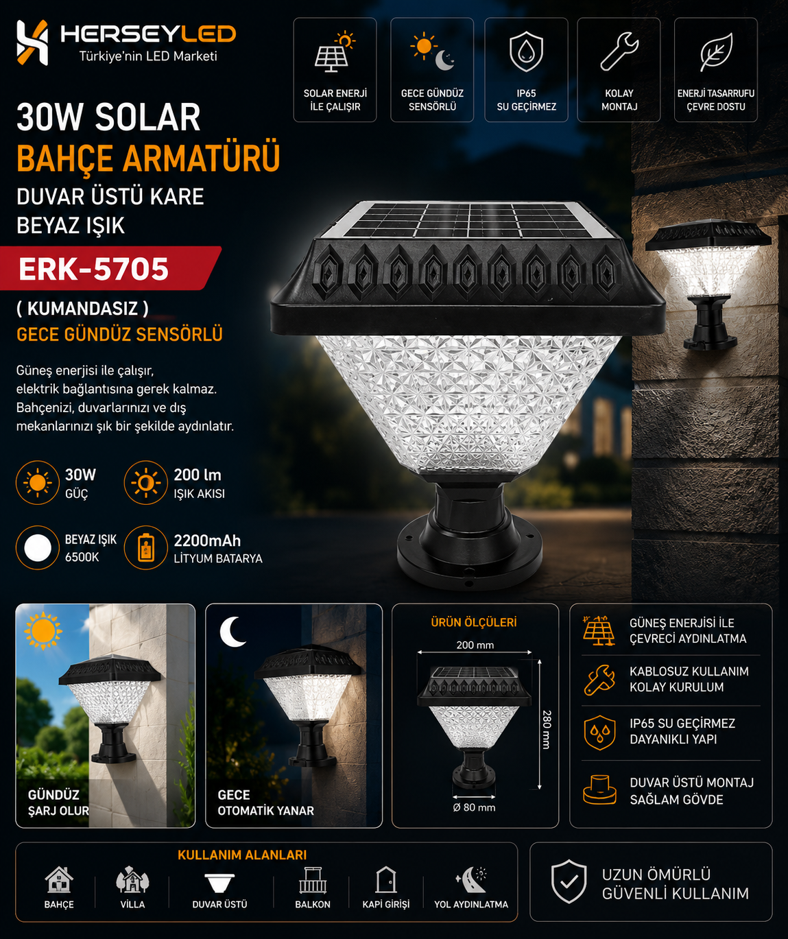 30W SOLAR BAHÇE ARMATÜRÜ BEYAZ IŞIK DUVAR ÜSTÜ KARE ( KUMANDASIZ ) ( GECE GÜNDÜZ SENSÖRLÜ ) ERK-5705