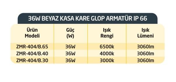 36W BEYAZ KASA KARE GÜNIŞIĞI IŞIK LEDLİ GLOP ARMATÜR 3000K ZMR-405B.30  IP66