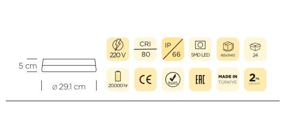 36W BEYAZ KASA YUVARLAK GÜNIŞIĞI IŞIK LEDLİ GLOP ARMATÜR 3000K ZMR-403B.30  IP66