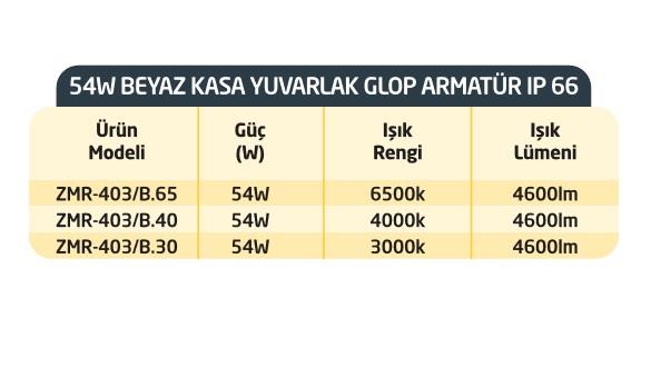 36W BEYAZ KASA YUVARLAK GÜNIŞIĞI IŞIK LEDLİ GLOP ARMATÜR 3000K ZMR-403B.30  IP66