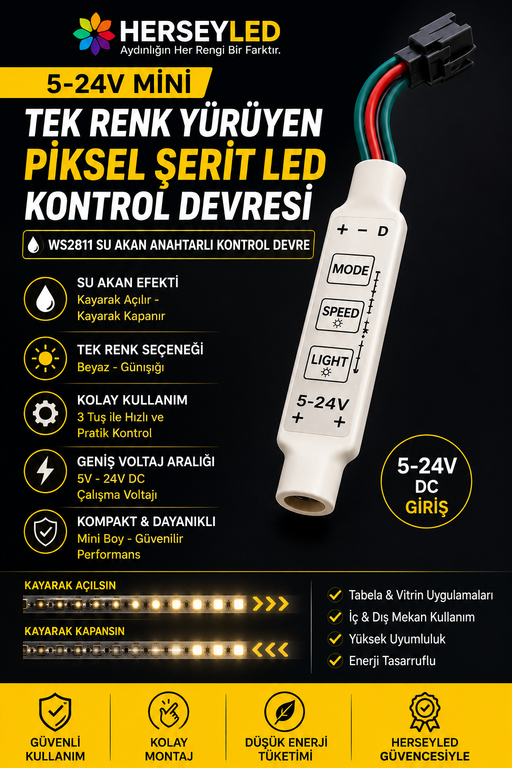 5-24V Mini Tek Renk Yürüyen Pixel Şerit Led Kontrol Devresi WS2811 Su Akan Anahtarlı Kontrol Devre