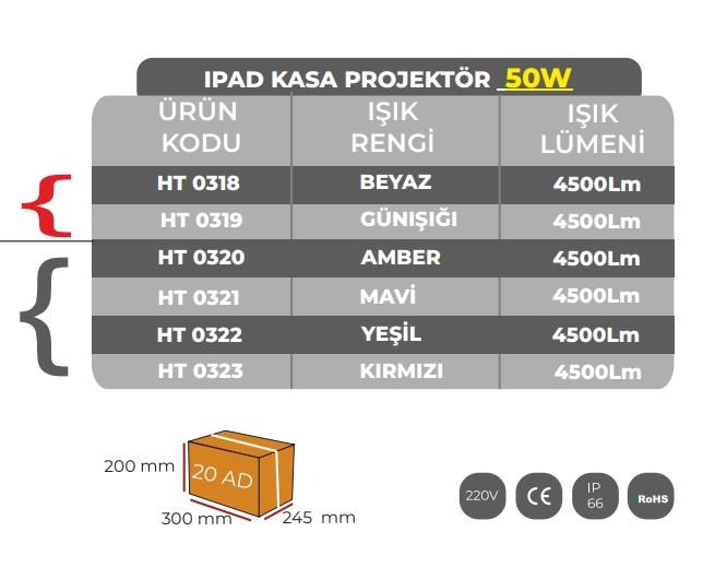 50W AMBER  IPAD KASA LED PROJEKTÖR HT-0320 220V IP66