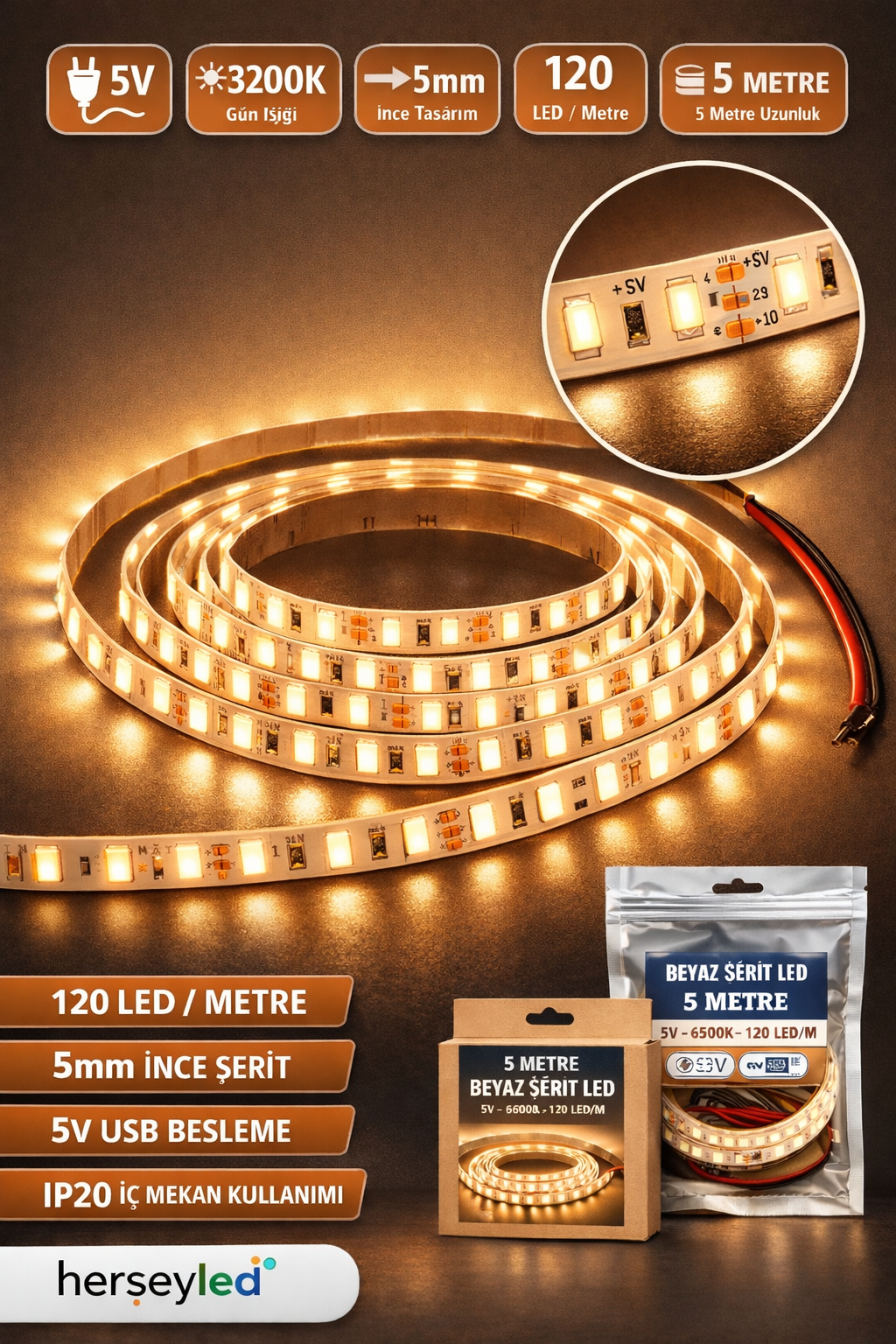 5V Günışığı Şerit LED – 5mm, 120 LED/Metre, IP20, İç Mekan, 5 Metre Paket