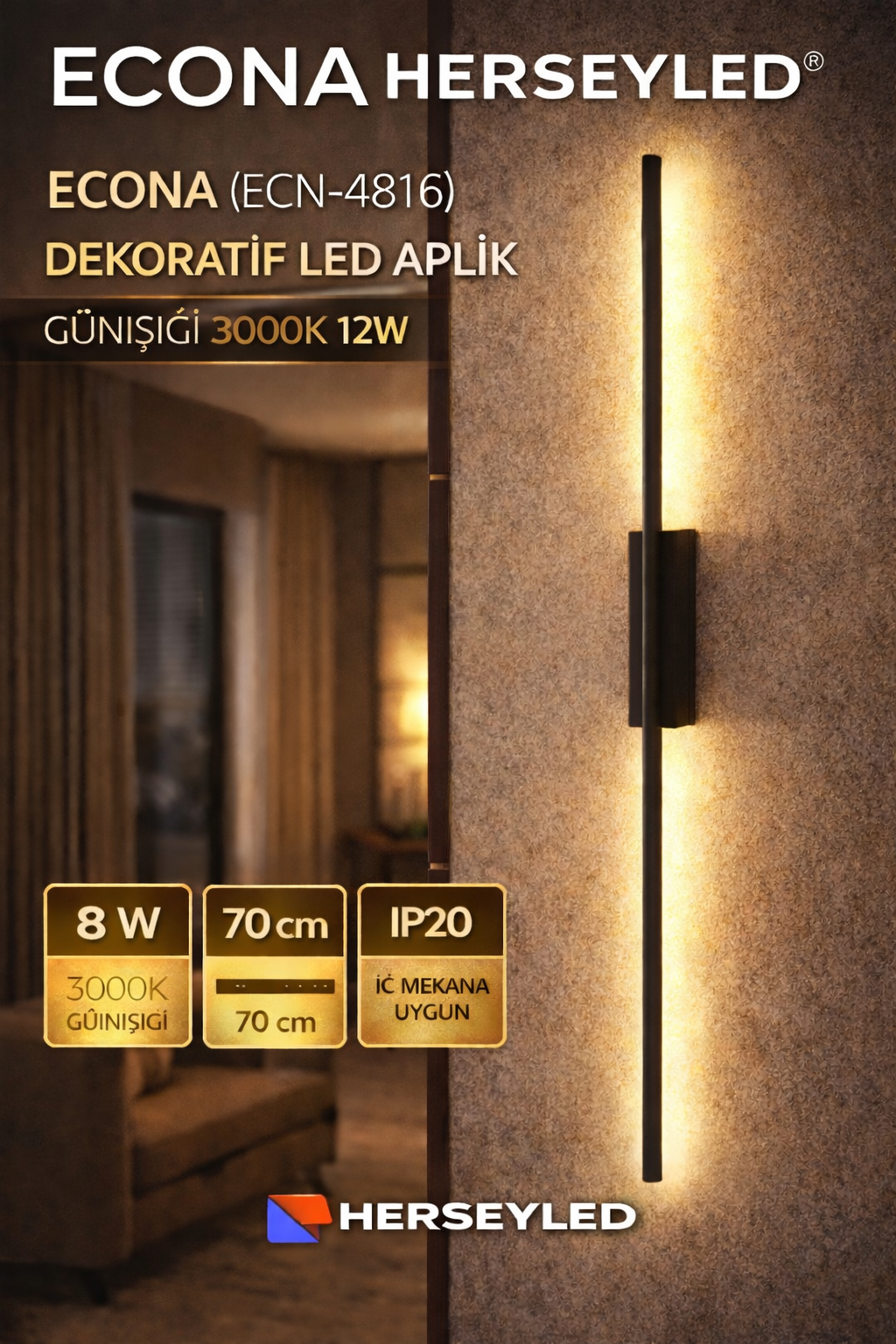 70cm DEKORATİF LED APLİK GÜNIŞIĞI 3000K 12W ECN-4816