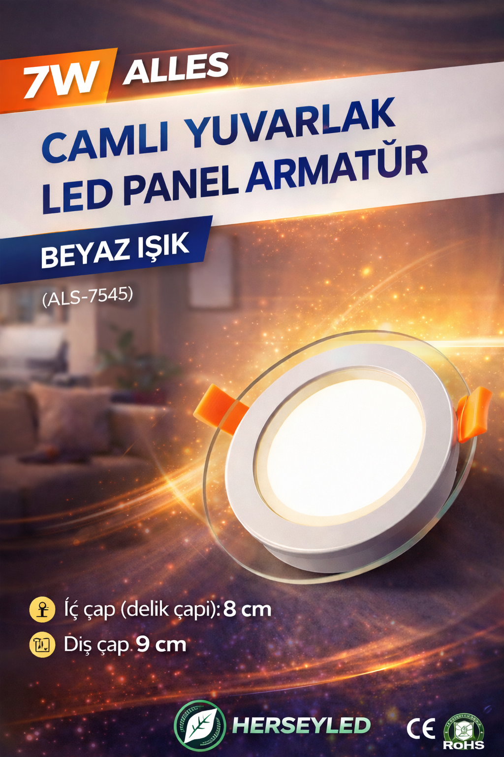 7W CAMLI YUVARLAK LED PANEL ARMATÜR BEYAZ