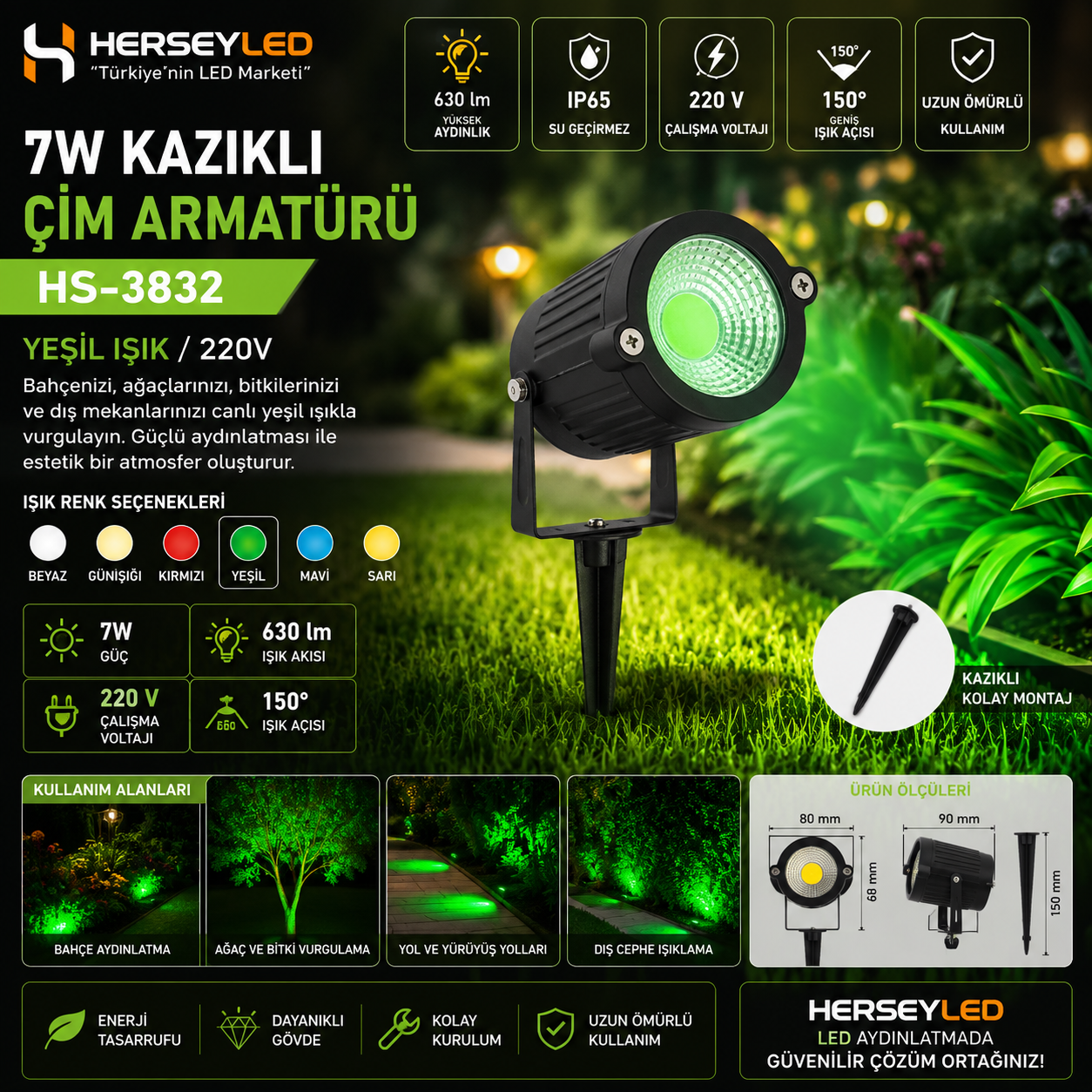 7W KAZIKLI ÇİM ARMATÜRÜ YEŞİL 220V ( HS-3832 ) HELİOS