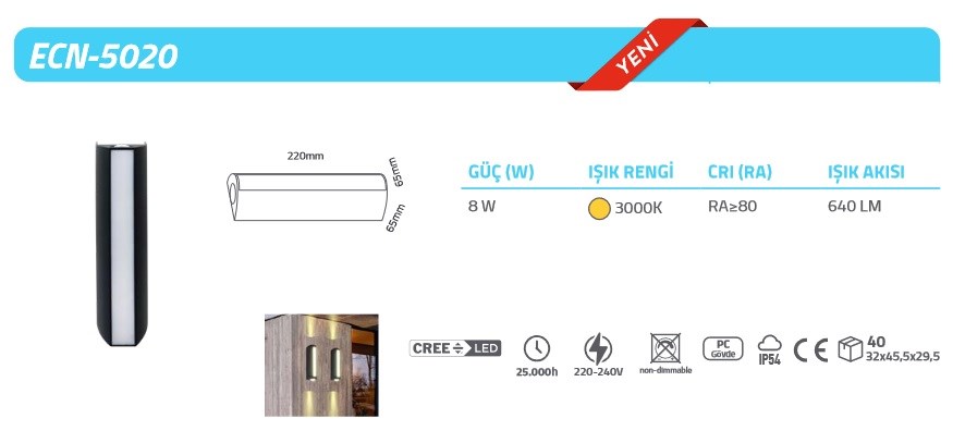 8W SİYAH KASA DIŞ MEKAN DEKORATİF GÜNIŞIĞI LED APLİK ECN-5020-30