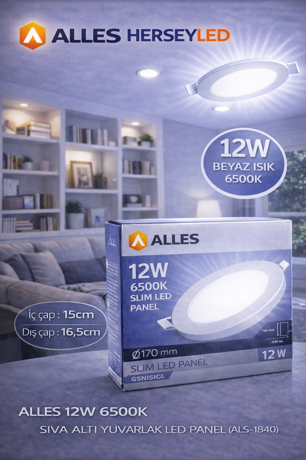 ALLES 12W  BEYAZ 6500K SIVA ALTI YUVARLAK LED PANEL