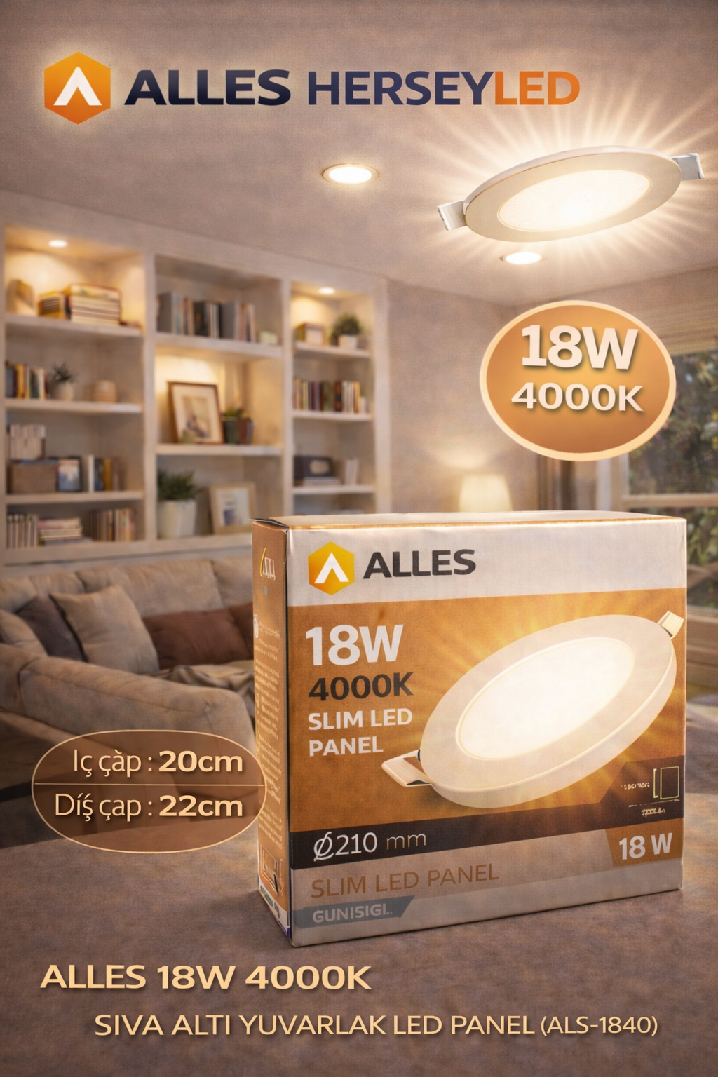ALLES 18W 4000K SIVA ALTI YUVARLAK LED PANEL