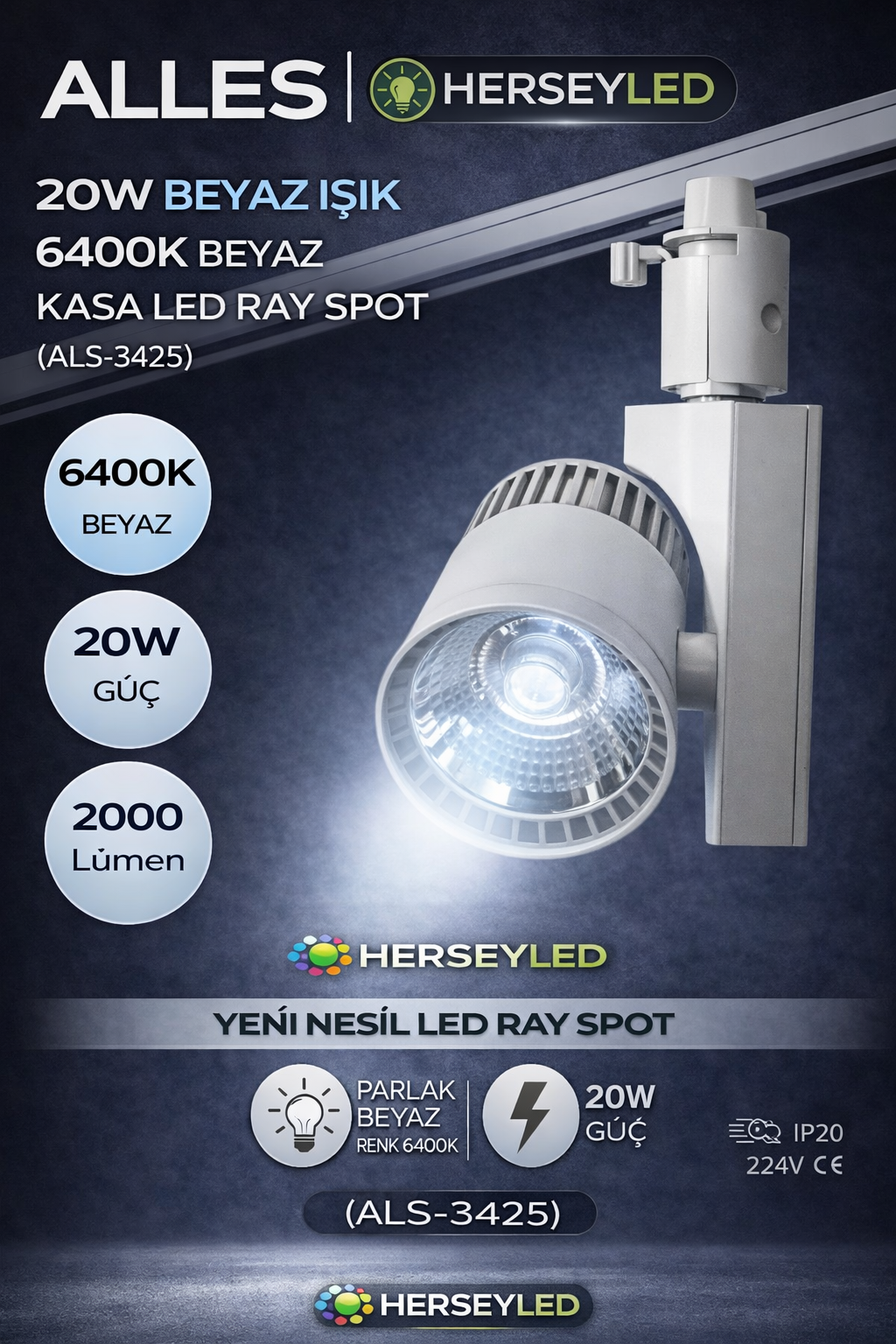 ALLES 20W BEYAZ IŞIK 6400K BEYAZ KASA LED RAY SPOT