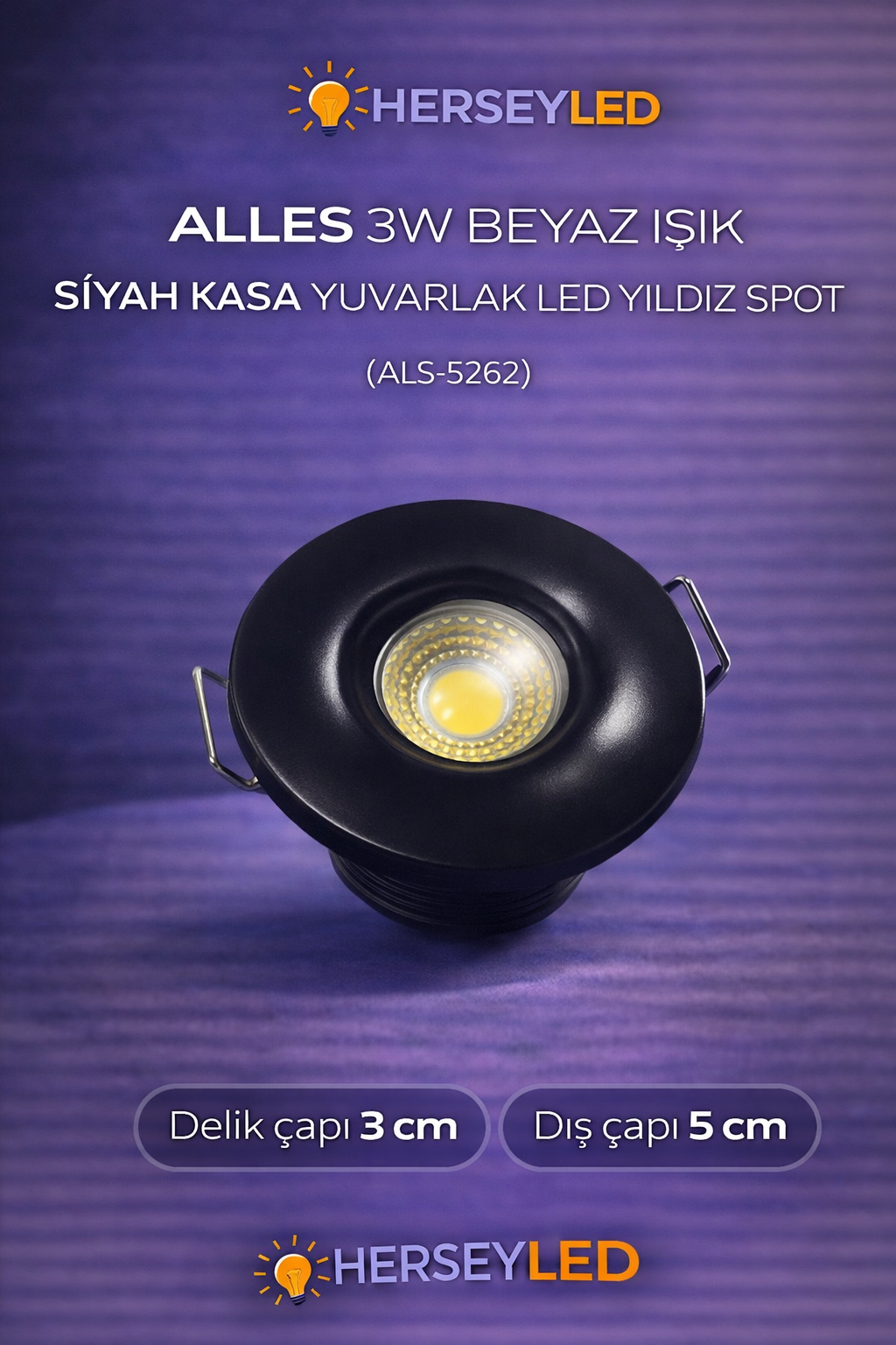 ALLES 3W BEYAZ IŞIK SİYAH KASA YUVARLAK LED YILDIZ SPOT