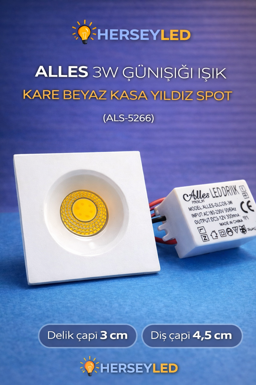 ALLES 3W GÜNIŞIĞI IŞIK KARE BEYAZ KASA YILDIZ SPOT