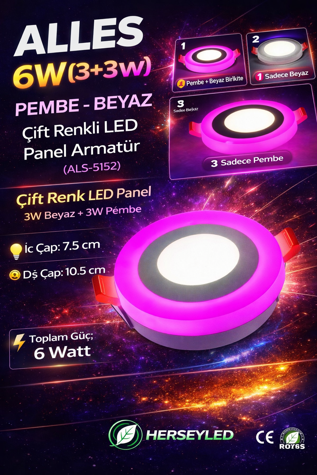 ALLES 6W PEMBE BEYAZ ÇİFT RENKLİ LED PANEL ARMATÜR