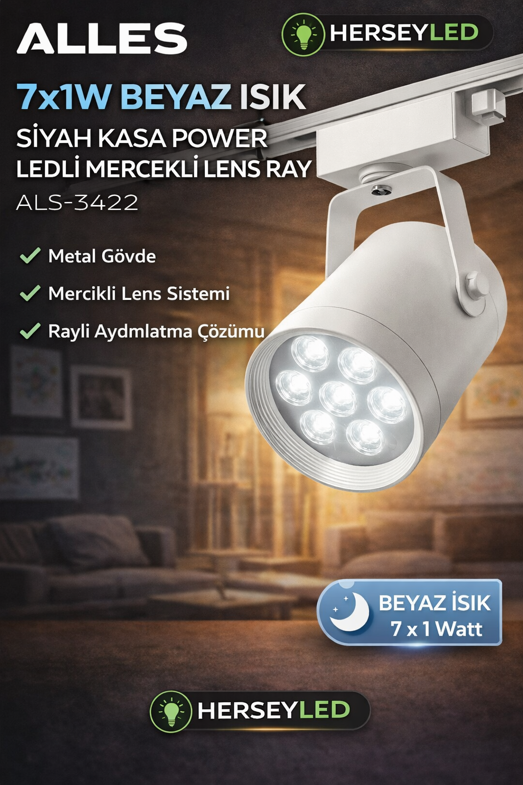 ALLES 7x1W BEYAZ IŞIK BEYAZ KASA POWER LEDLİ RAY SPOT