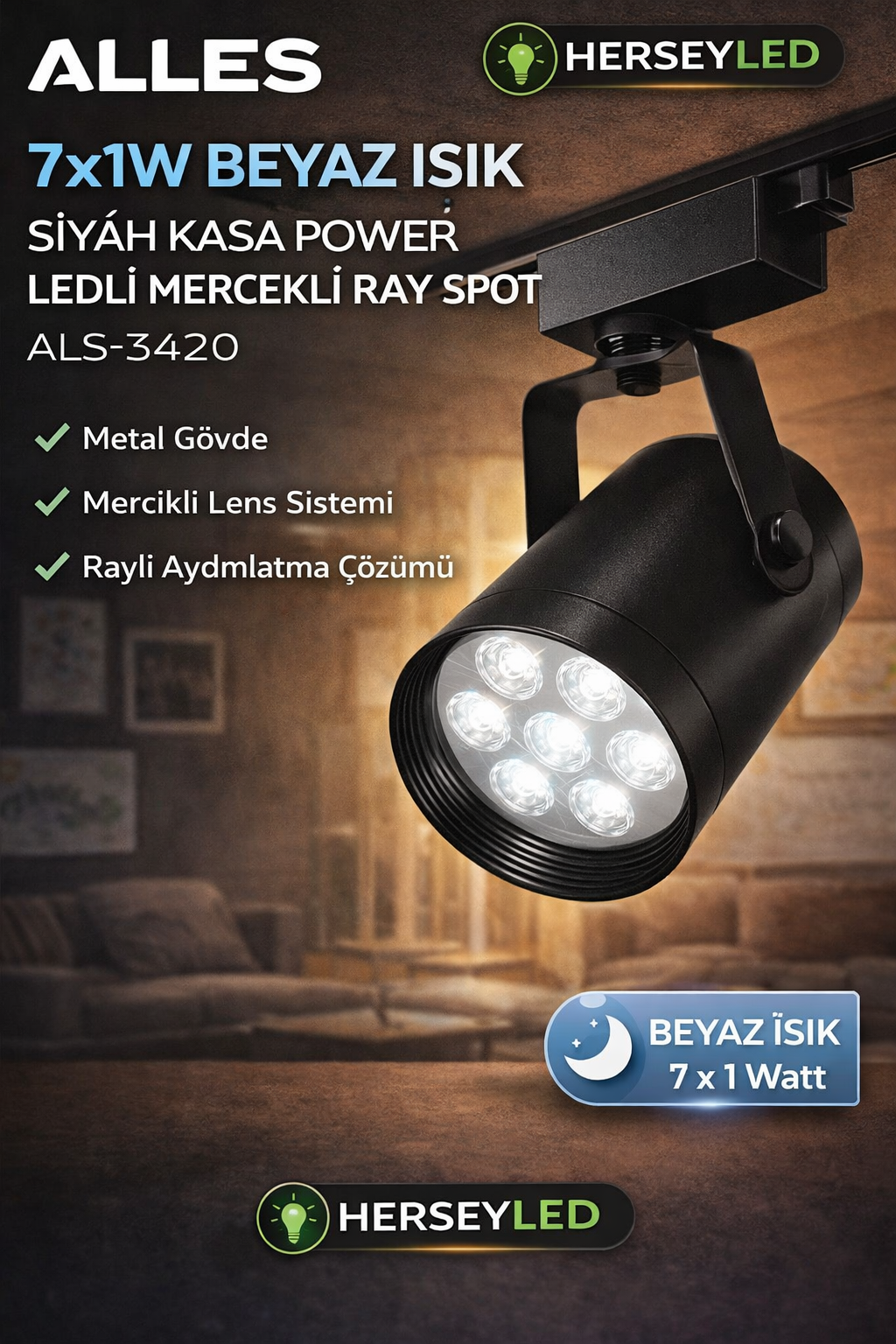 ALLES 7x1W BEYAZ IŞIK  SİYAH KASA POWER LEDLİ RAY SPOT