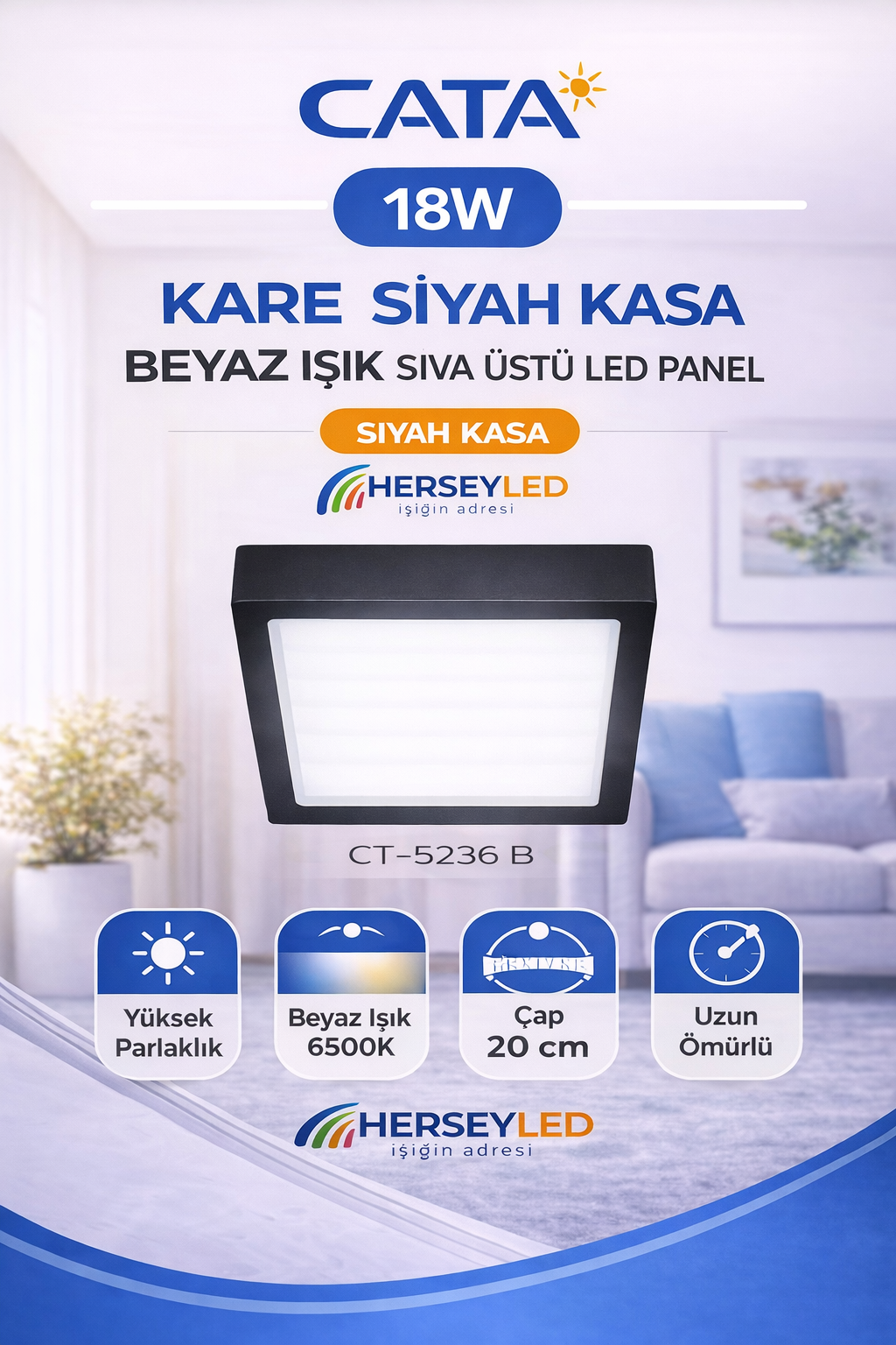 CATA 18W KARE SİYAH KASA BEYAZ IŞIK SIVA ÜSTÜ LED PANEL CT-5236 B