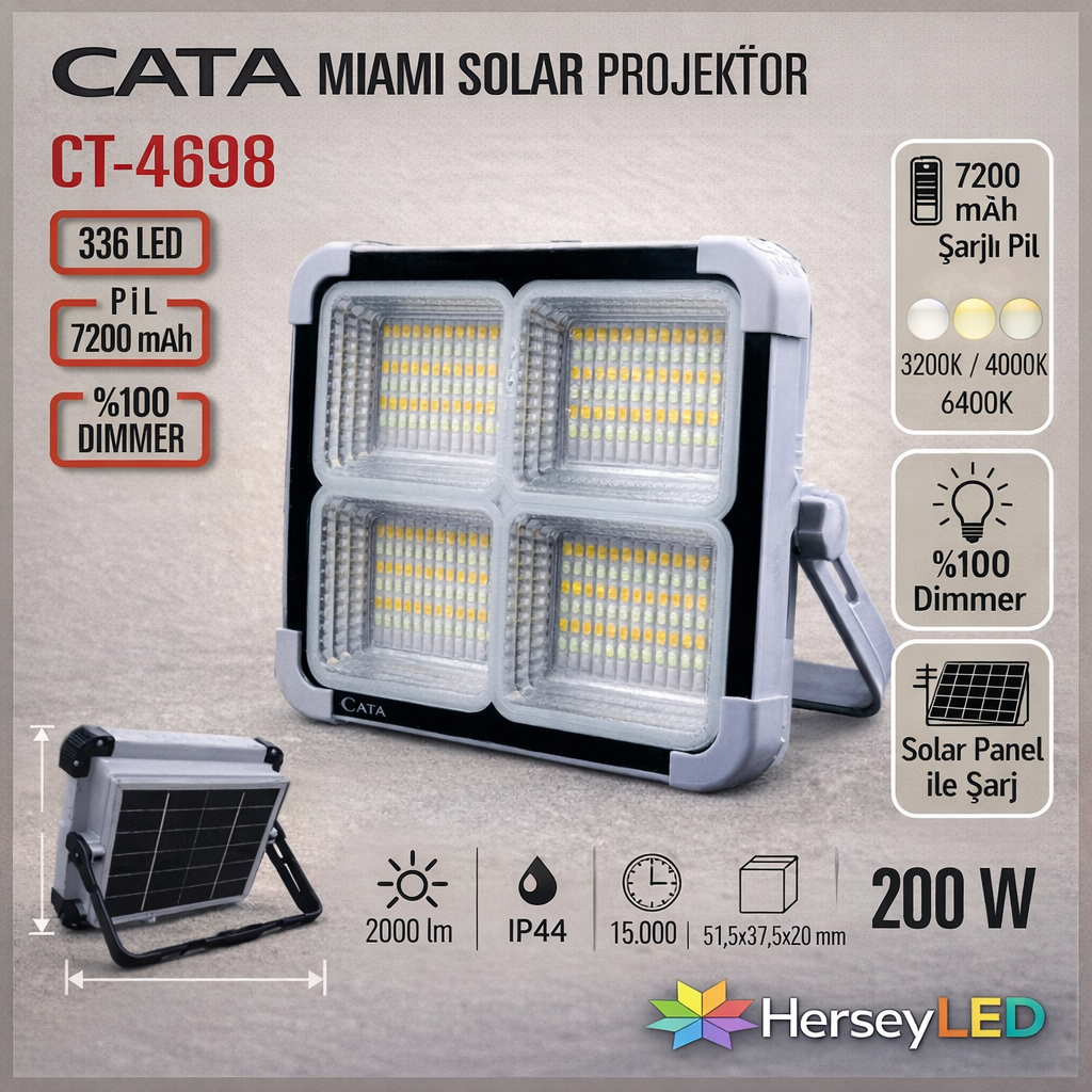Cata 200W Miami Taşınabilir Şarjlı Solar Projektör CT-4698