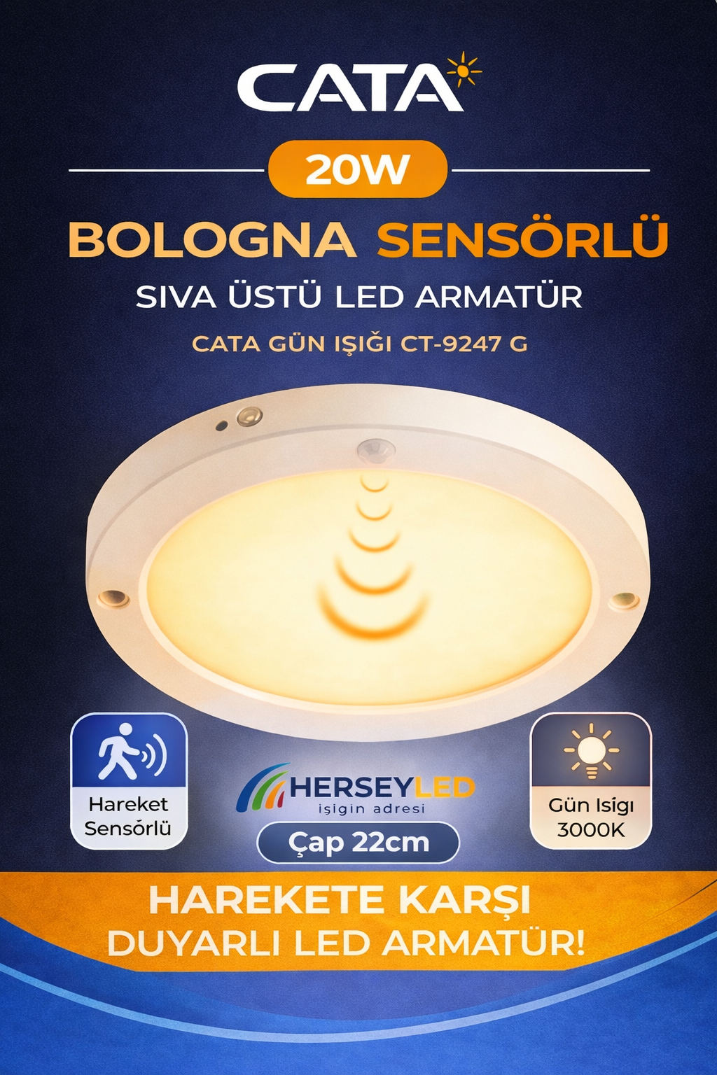 CATA 20W BOLOGNA SENSÖRLÜ SIVA ÜSTÜ LED ARMATÜR CATA  GÜN IŞIĞI CT-9247G