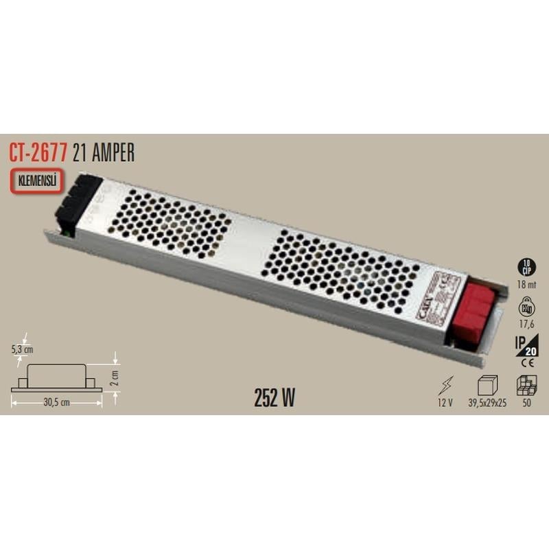 CATA 21 Amper 12v Şerit Led Trafosu (250W) (SÜPER SLİM FANSIZ) CT-2677