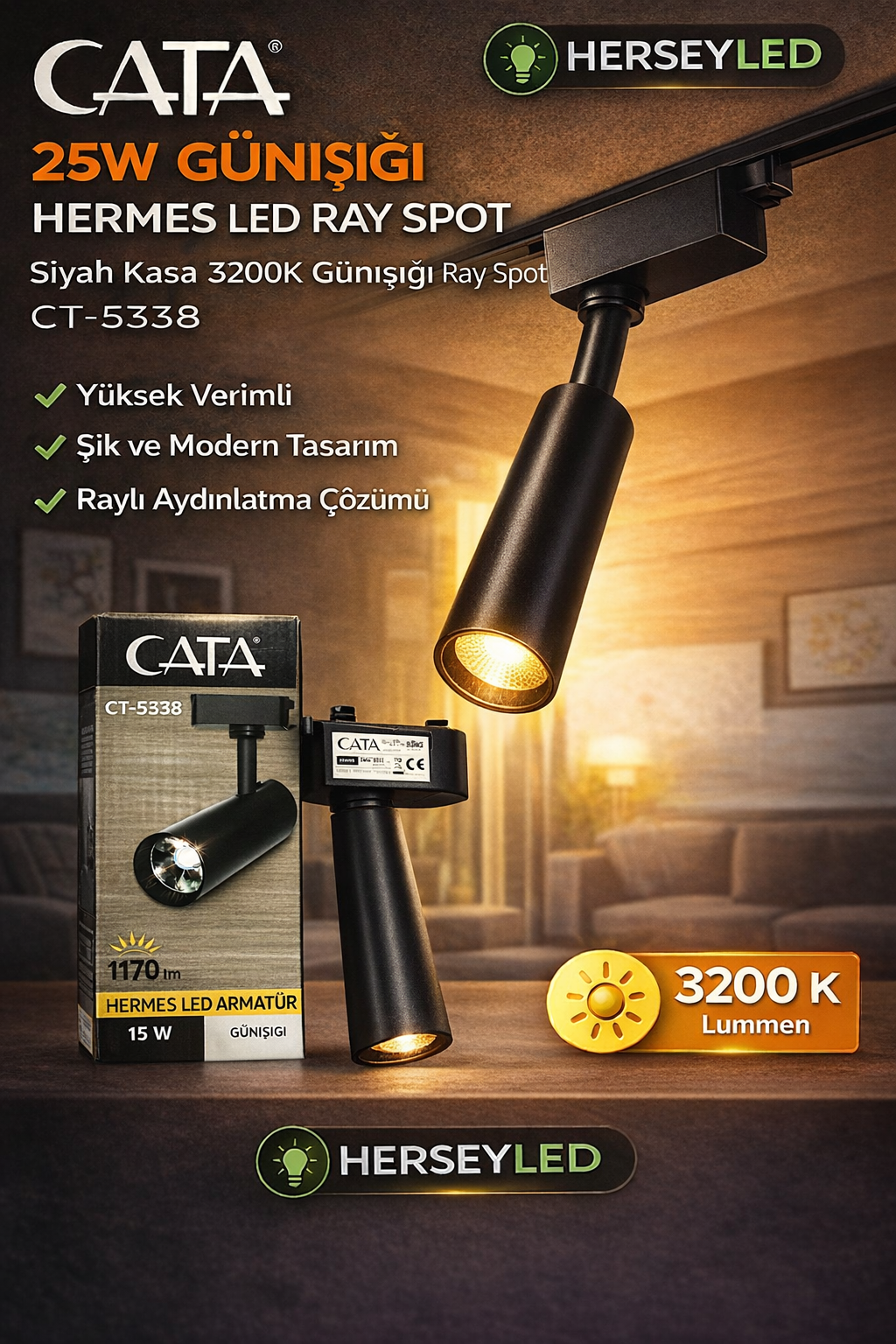 CATA 25W GÜNIŞIĞI HERMES LED RAY SPOT Siyah Kasa 3200K Günışığı Ray Spot CT-5338