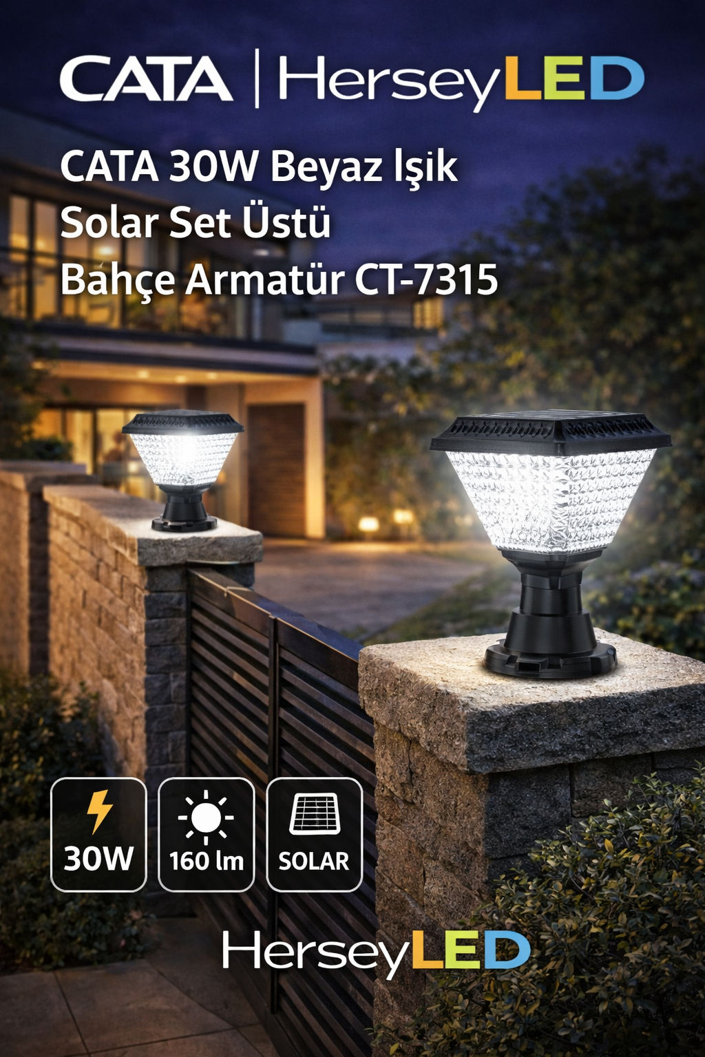 CATA 30W Beyaz Işık Solar Set Üstü Bahçe Armatür CT-7315