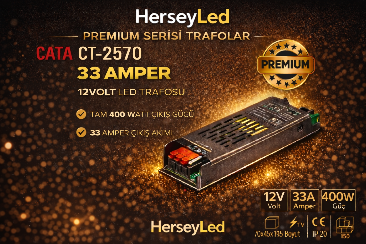 CATA 33 Amper 400W 12v Süper Slim Fansız Şerit Led Trafosu Cata CT-2570