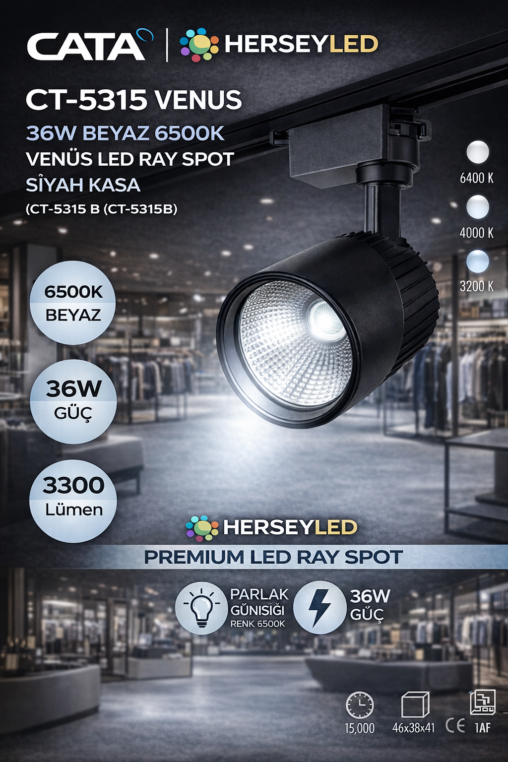 CATA 36W BEYAZ 6500K VENÜS LED RAY SPOT SİYAH KASA CT-5315 B