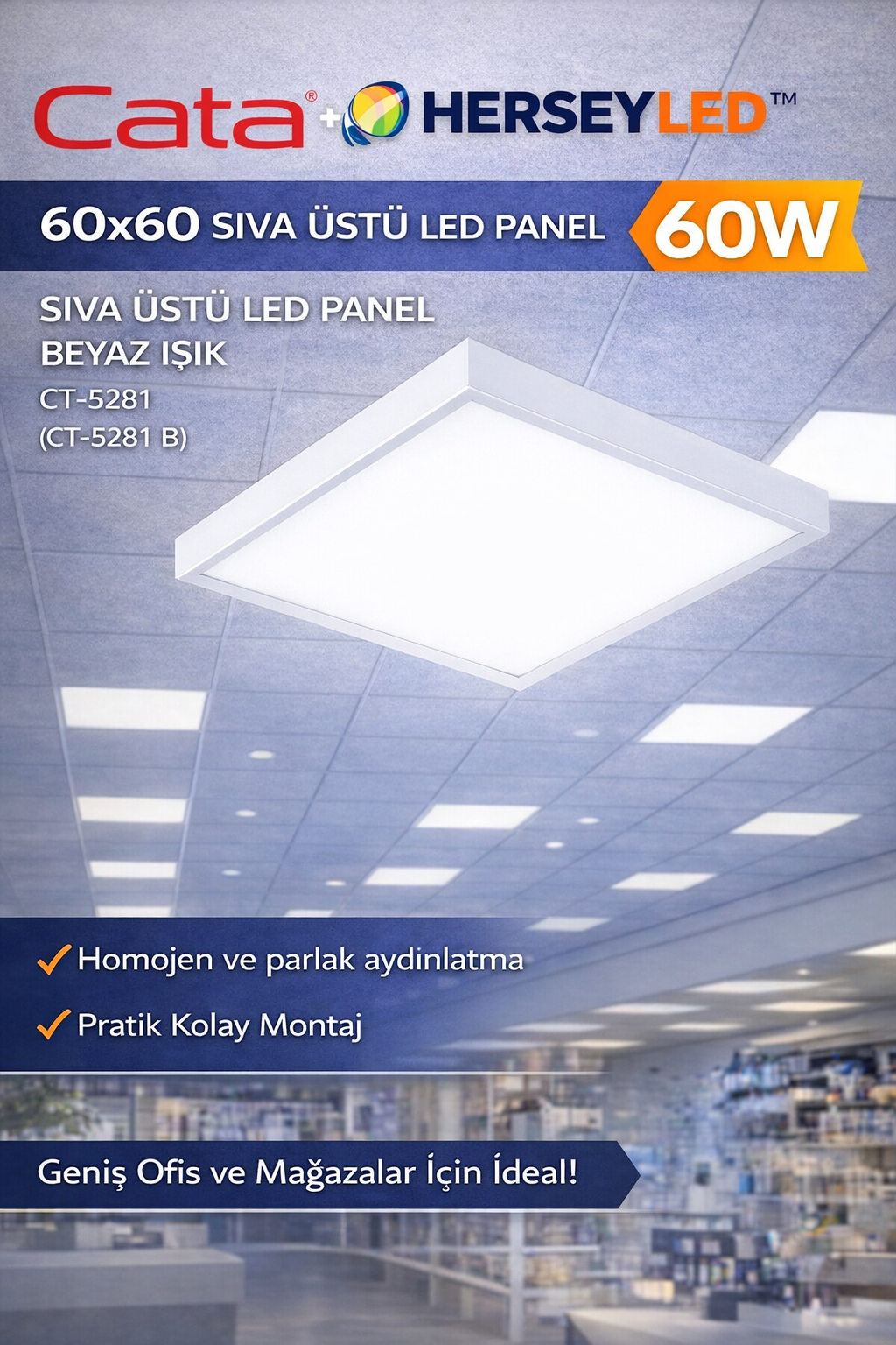 Cata 60W 60x60 Sıva Üstü Led Panel CT-5281 Beyaz Işık