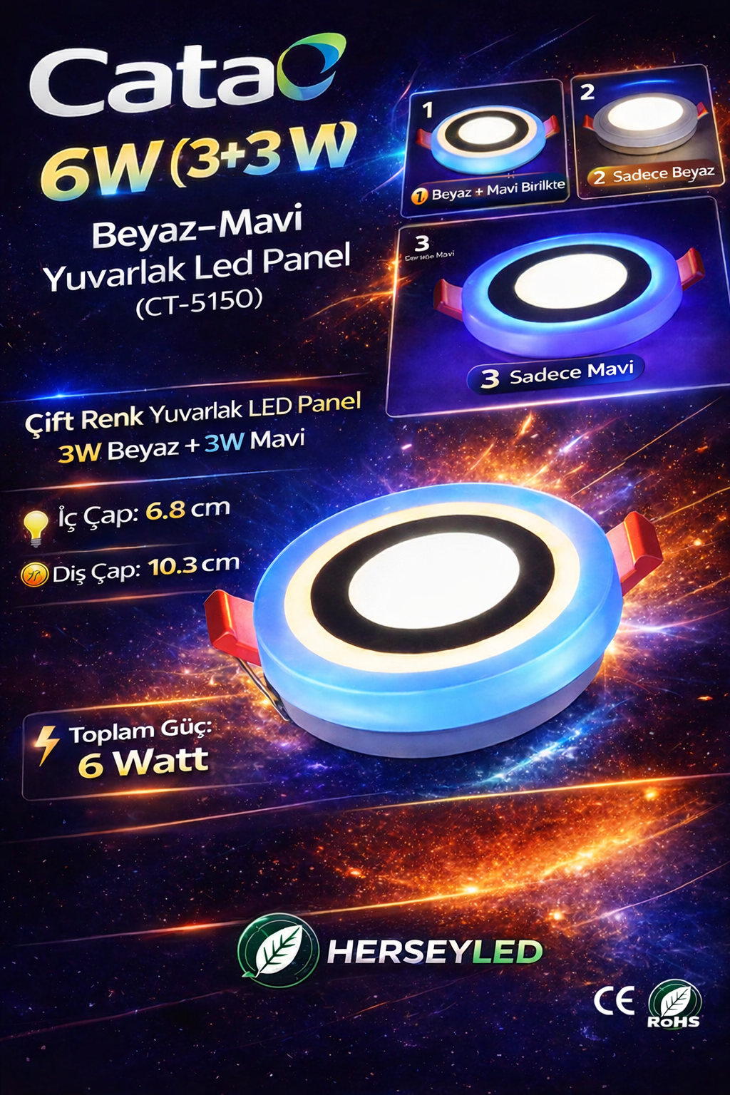 Cata 7W Beyaz-Mavi Yuvarlak Led Panel CT-5150