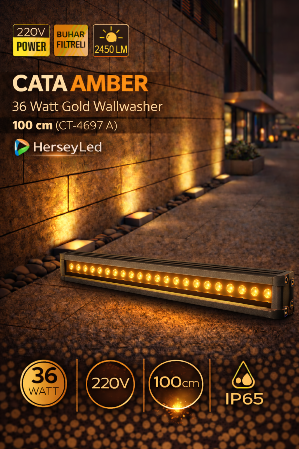 Cata AMBER 36W Profesyonel Ultra Slim Nem ve Buhar Filtreli Gold Wall Washer 100cm CT-4697