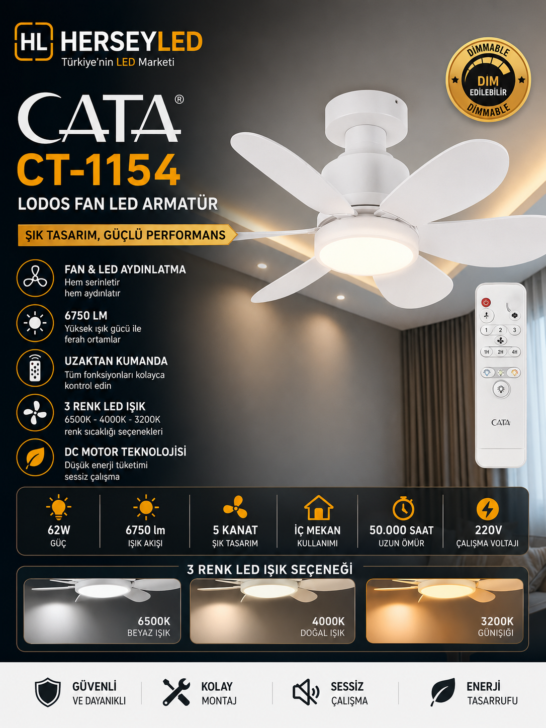 Cata CT-1154 62W 6500K Beyaz Lodos 6 Kanatlı Kumandalı Lambalı Tavan Vantilatörü