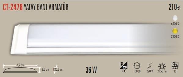 Cata CT-2478 36w 120cm Ledli Bant Armatür Beyaz ışık 6500k