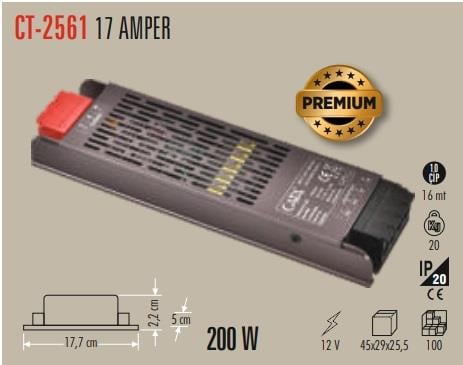 CATA  CT-2561 17 Amper 12V Şerit Led Trafosu (200W) (Slim-Fansız) CT-2561