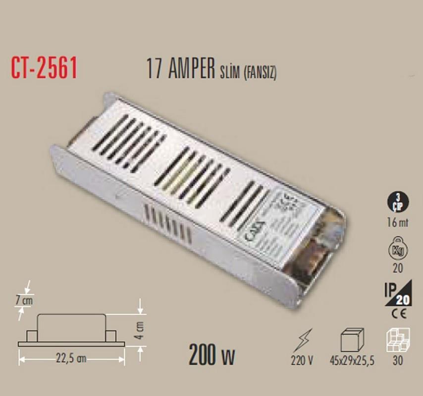 Cata CT-2561 17 Amper Şerit Led Trafosu (200W) (Slim-Fansız)