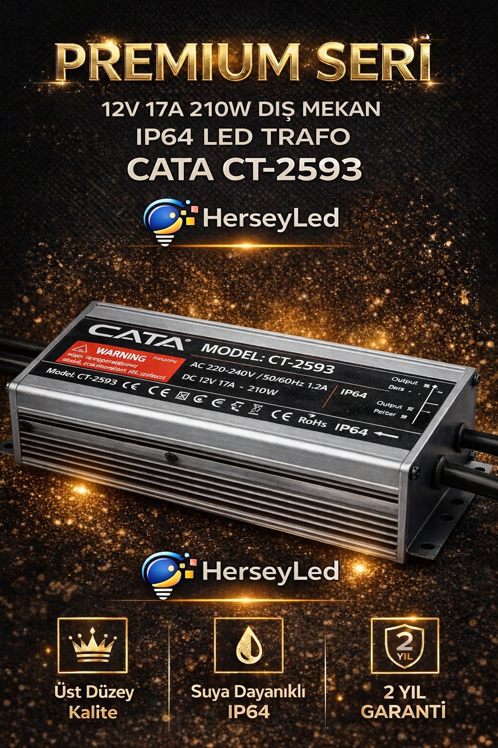 Cata CT-2593 12V 17A 210W Dış Mekan IP64 LED Trafo