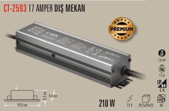 Cata CT-2593 12V 17A 210W Dış Mekan IP64 LED Trafo