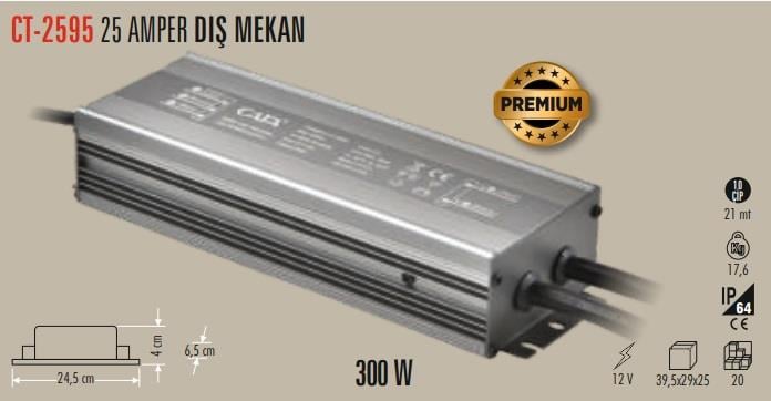 Cata CT-2595 12V 25A 300W Dış Mekan IP64 LED Trafo