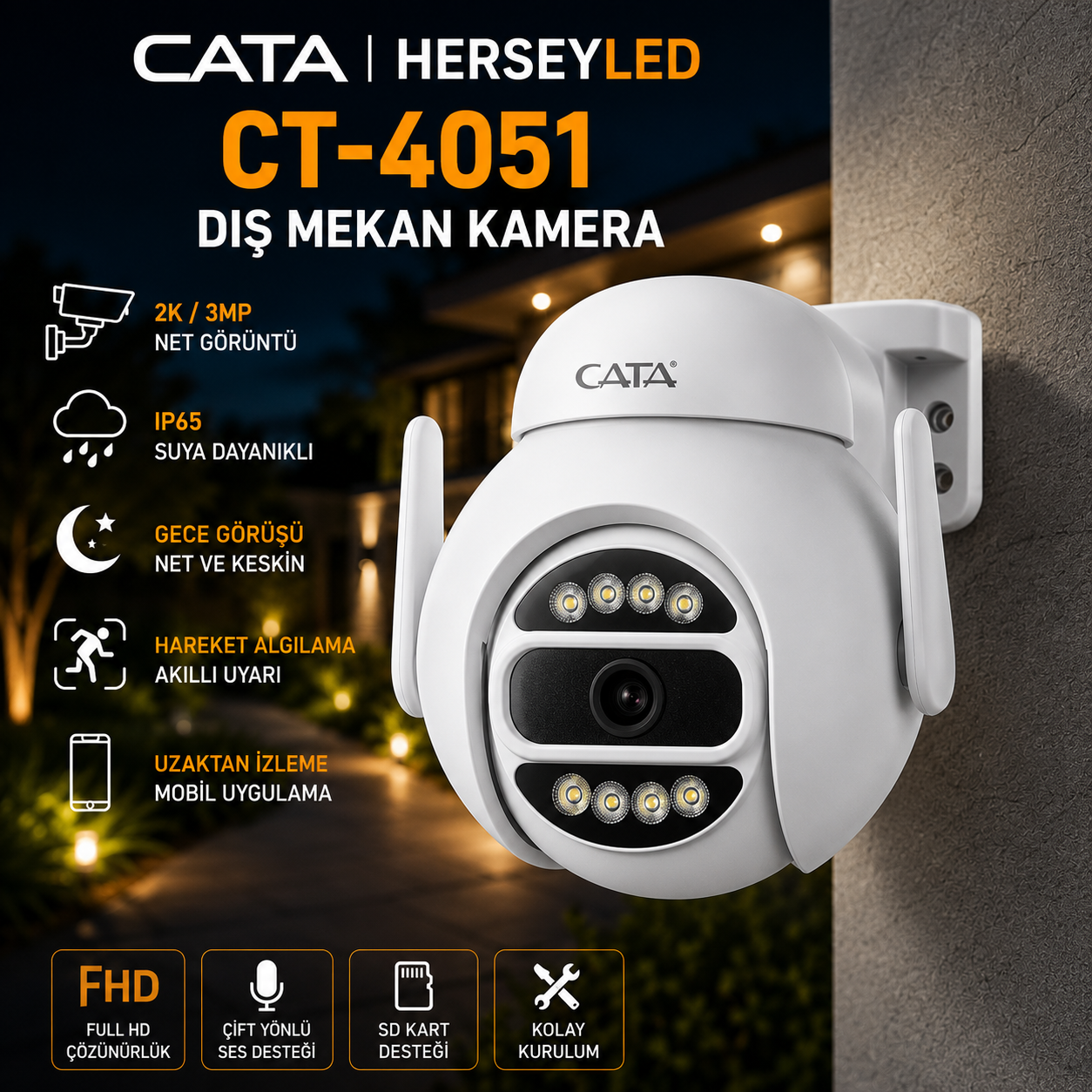Cata CT-4051 Hareket Sensörlü Akıllı Dış Mekan Güvenlik Kamerası