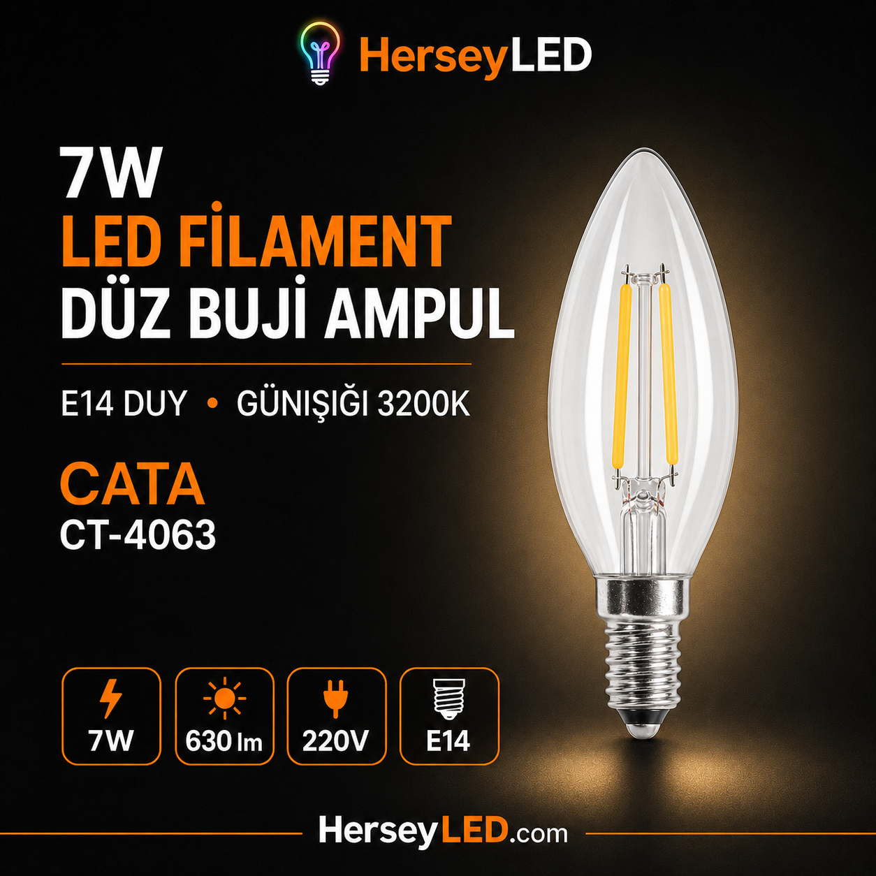 CATA CT-4063 7W LED FİLAMENT DÜZ BUJİ LED AMPUL - GÜNIŞIĞI 3200K