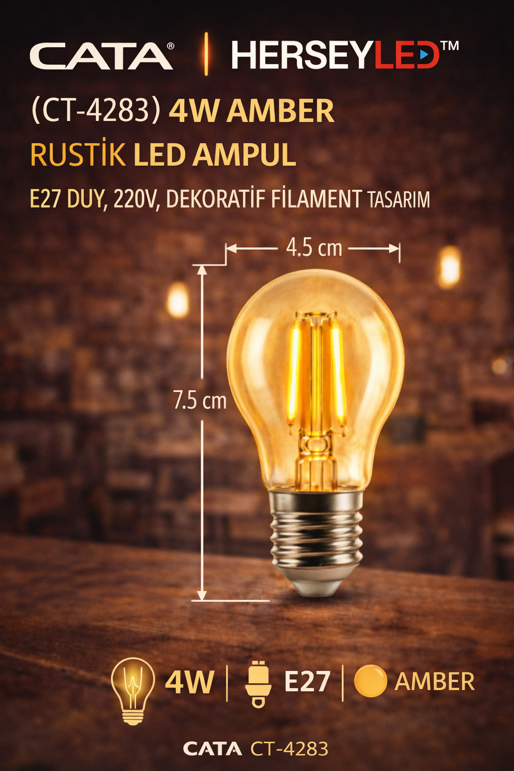CATA CT-4283 4W Amber Rustik LED Ampul – E27 Duy, 220V, Dekoratif Filament Tasarım