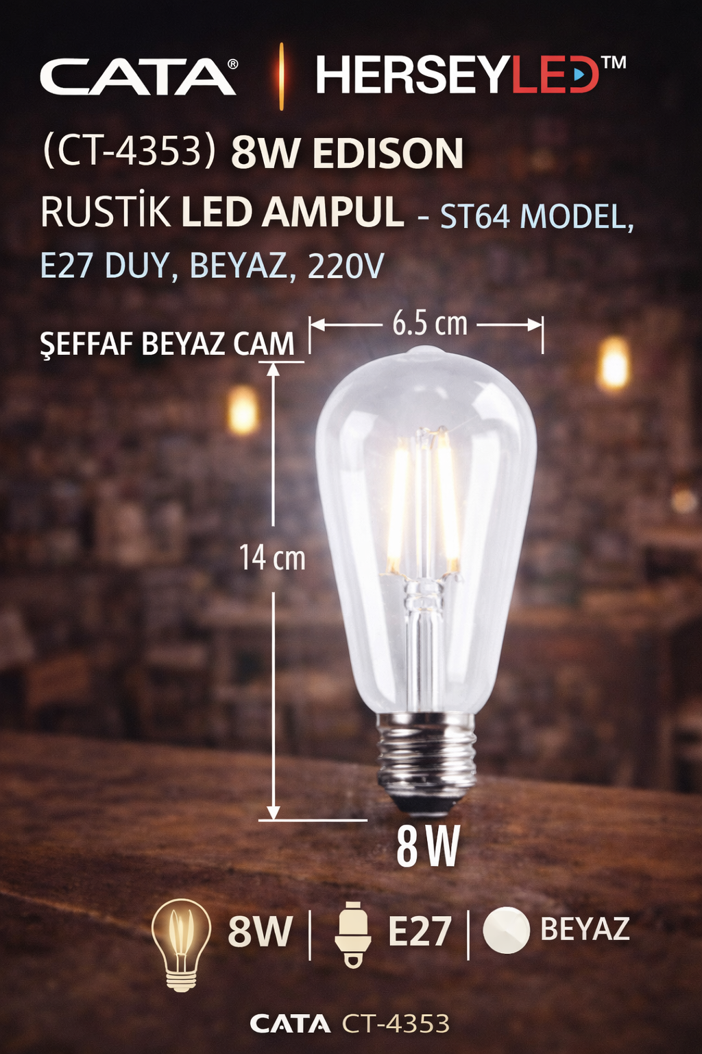 CATA CT-4353 8W Edison Rustik LED Ampul – ST64 Model, E27 Duy, BEYAZ, 220V
