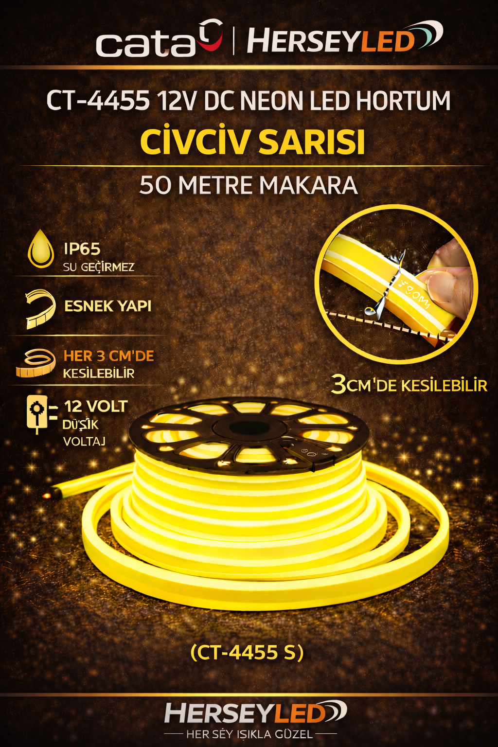 CATA CT-4455 12V DC NEON LED HORTUM CİVCİV SARISI 50 METRE MAKARA CT-4555