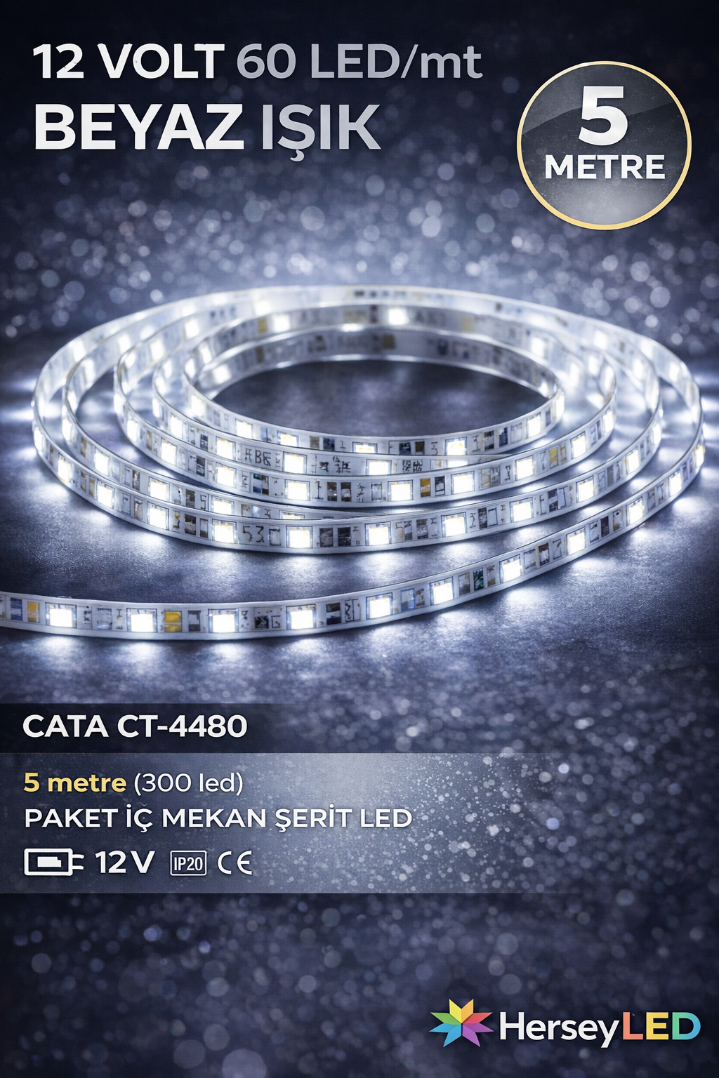 Cata CT-4480 Beyaz 10 Çipli Şerit LED İç Mekan 12V Beyaz 5MT/PAKET