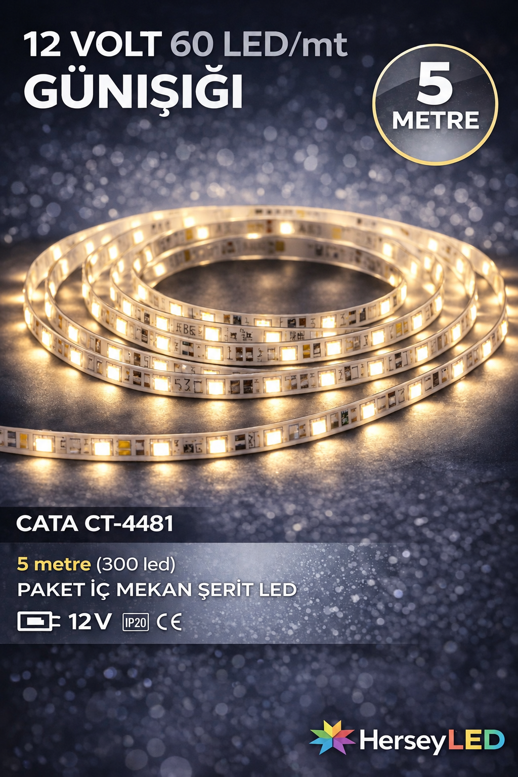 CATA CT-4481 12V Günışığı Şerit LED 5 Metre – 60 LED/Metre – 300 LED – IP20